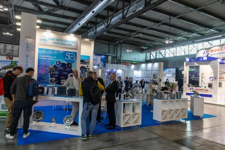 Cebi Micromotors stand with impellers and Engineering the Perfect Airflow panel at MCE 2026