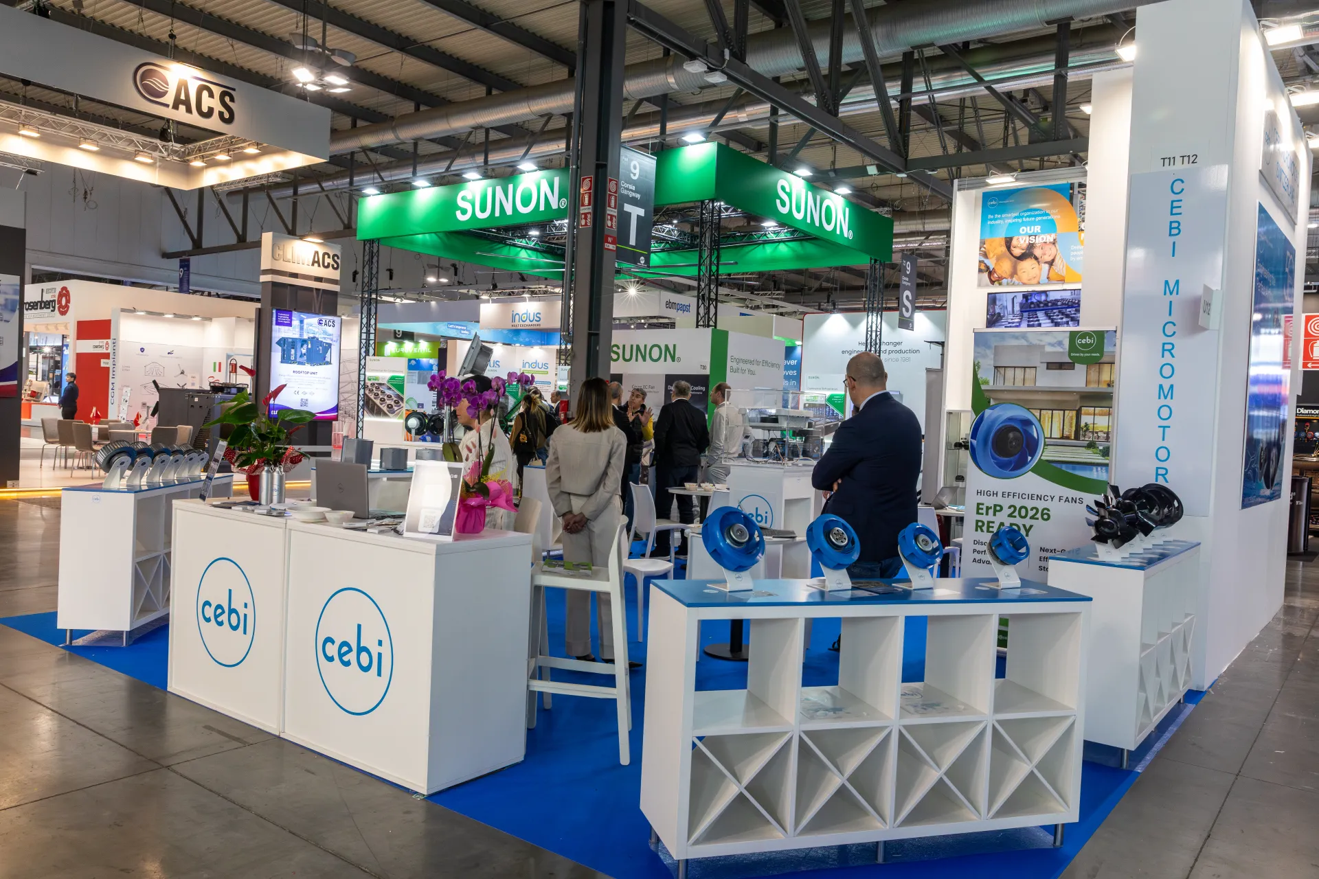 Cebi stand corner with blue EC impellers and ErP 2026 Ready poster at MCE 2026