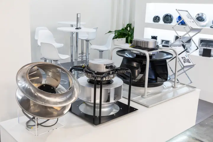Centrifugal impellers and motorised fans on a white display plinth at MCE 2026