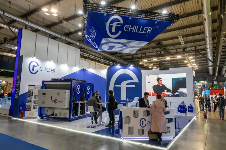 CF Chiller corner stand with a blue air-cooled chiller and hanging banner at MCE 2026