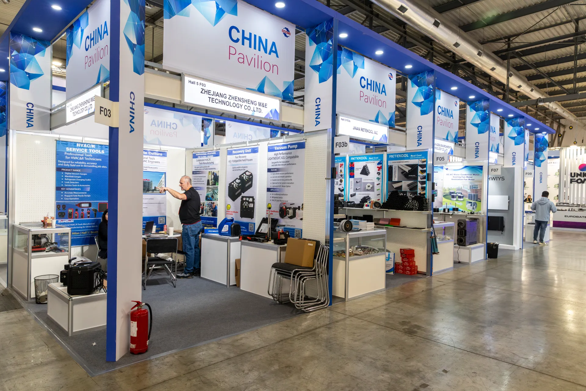 China Pavilion row with HVAC/R service tools and Retekool insulation booths at MCE 2026