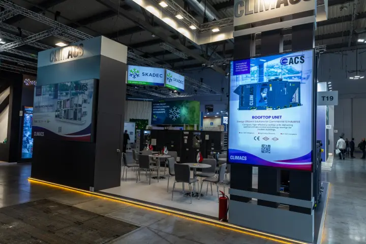 Climacs stand exterior with Rooftop Unit and Air Handling Unit lightboxes at MCE 2026