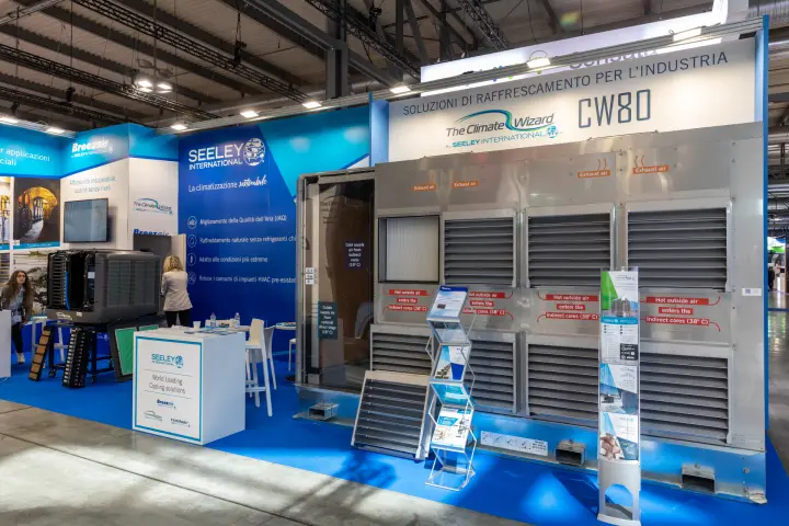 Climate Wizard CW80 indirect evaporative cooling unit on the Seeley stand