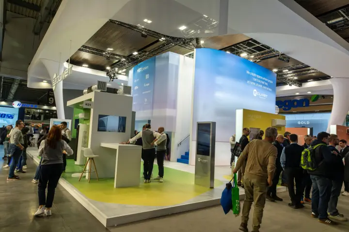 Clivet stand corner K01 with Smart Living and Multi Split System areas at MCE 2026