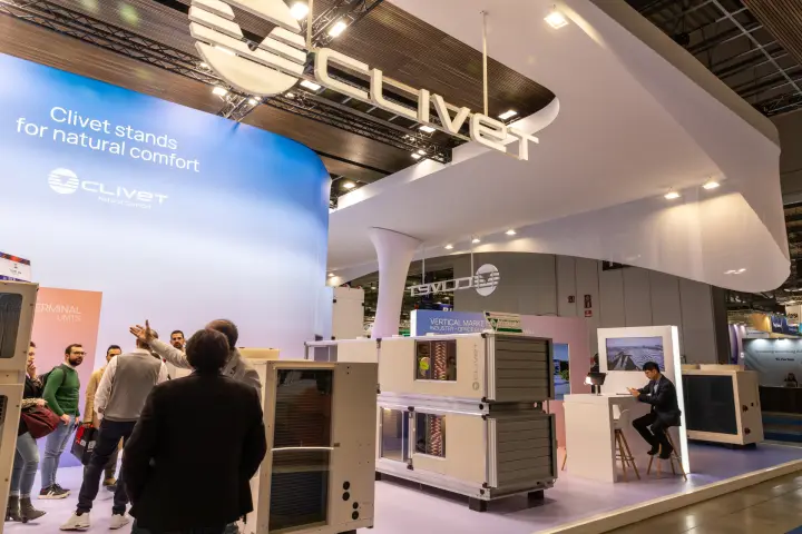 Clivet stand with stacked air handling unit under the brand canopy at MCE 2026