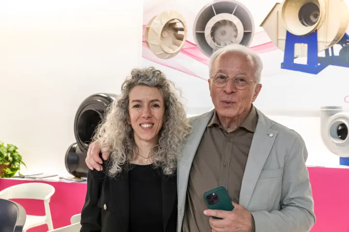 Close portrait in front of centrifugal fan graphics at MCE 2026