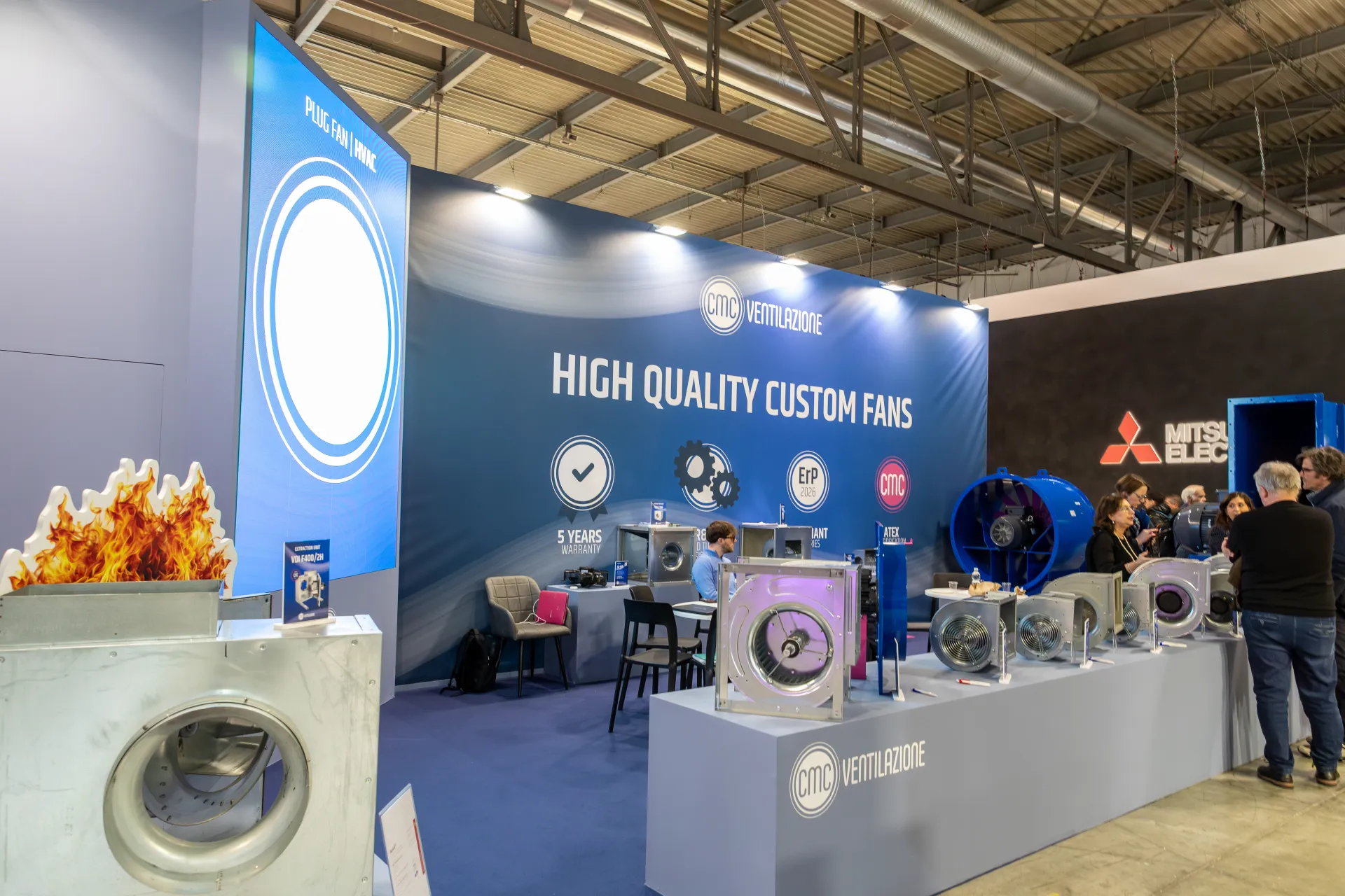 CMC Ventilazione stand with centrifugal fans and 'High quality custom fans' wall at MCE 2026