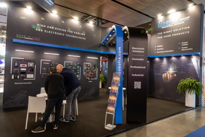 Cobofra Group stand with electronic controller and cabling displays
