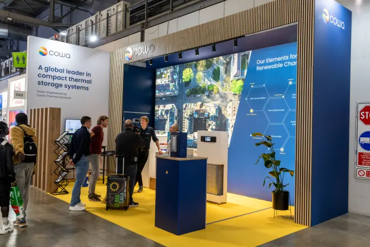 Cowa stand presenting compact thermal storage, with a wood slat frame at MCE 2026
