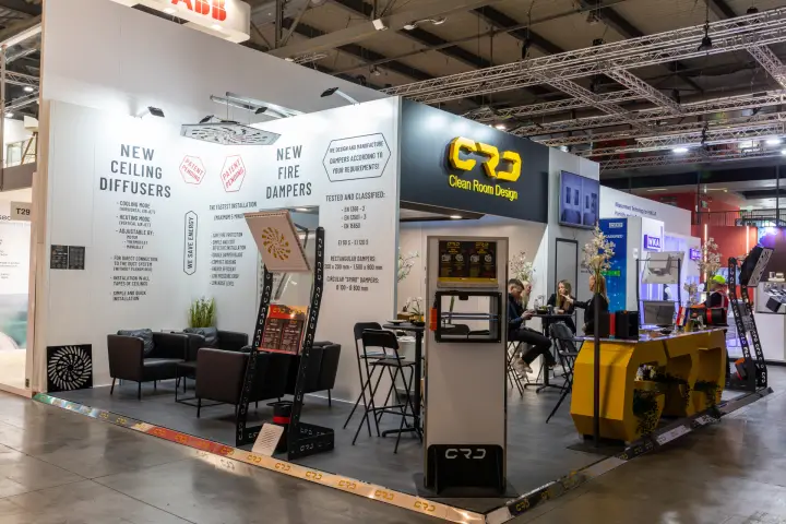 CRD Clean Room Design corner stand announcing new ceiling diffusers and fire dampers