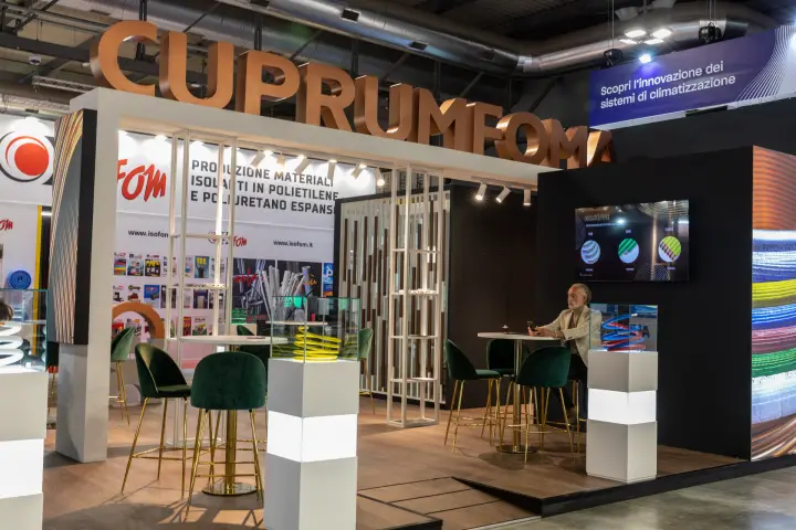Cuprumfoma lounge with insulated pipe samples and an Insulated Pipes screen at MCE 2026