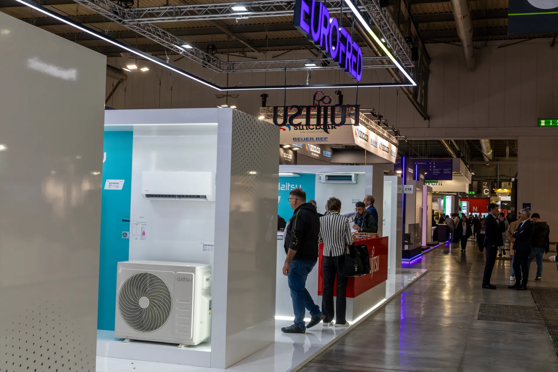 Daitsu split air conditioner display and red Fujitsu counter under the Eurofred sign at MCE 2026