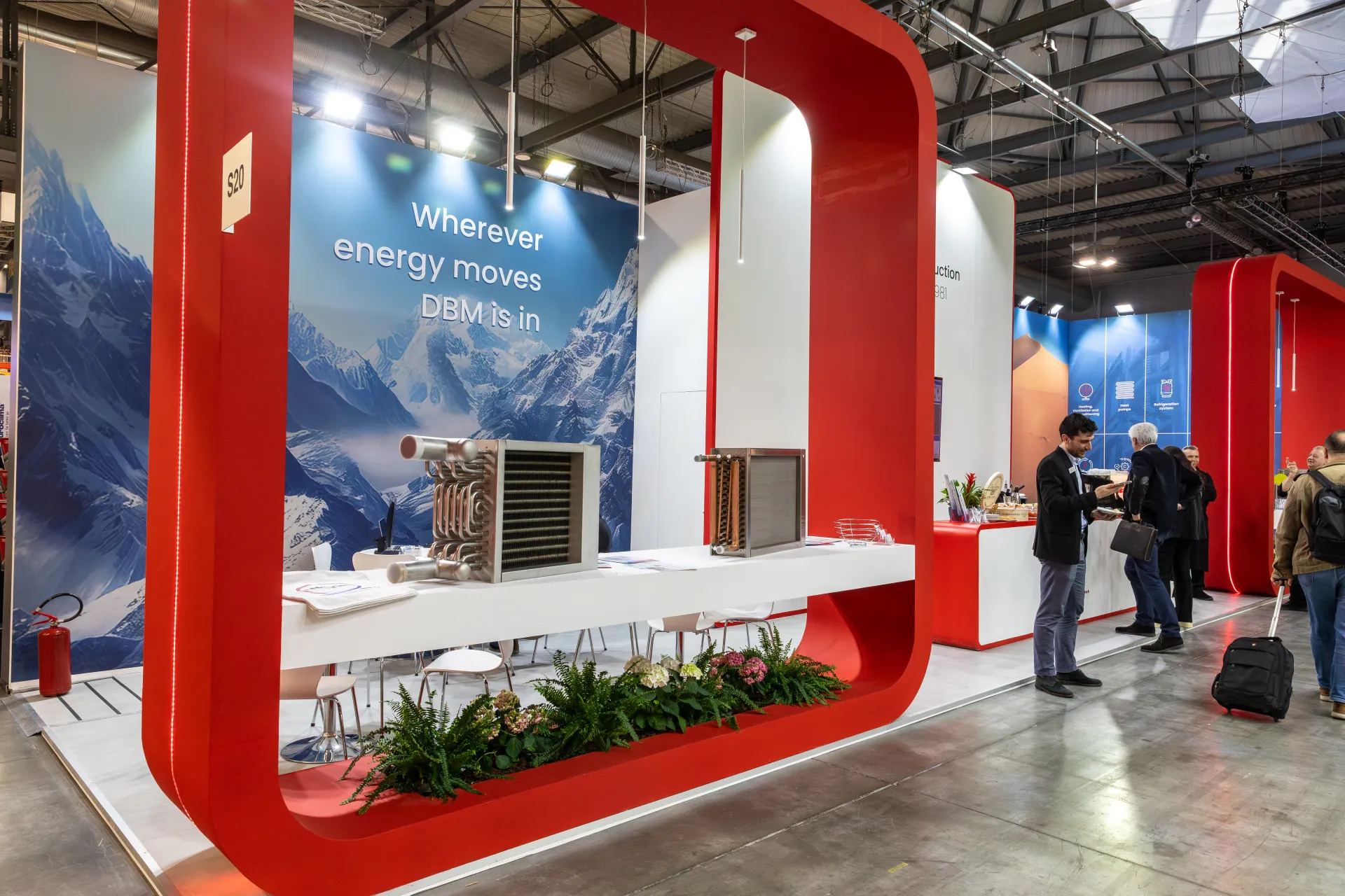 DBM stand with red arch frames and finned coil heat exchangers at MCE 2026