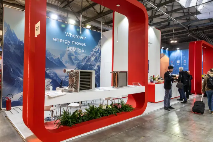 DBM stand with red arch frames and finned coil heat exchangers at MCE 2026