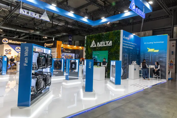 Delta stand with EC fan wall, AHU and renewables fan displays at MCE 2026