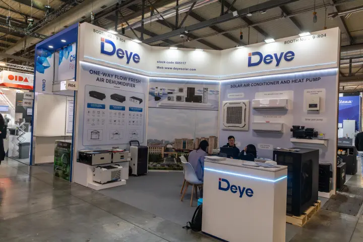 Deye stand with solar air conditioners, a heat pump and dehumidifiers