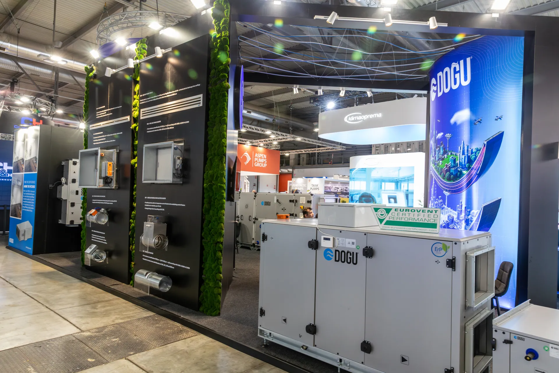 Doğu stand with a Eurovent-certified air handling unit and duct components at MCE 2026
