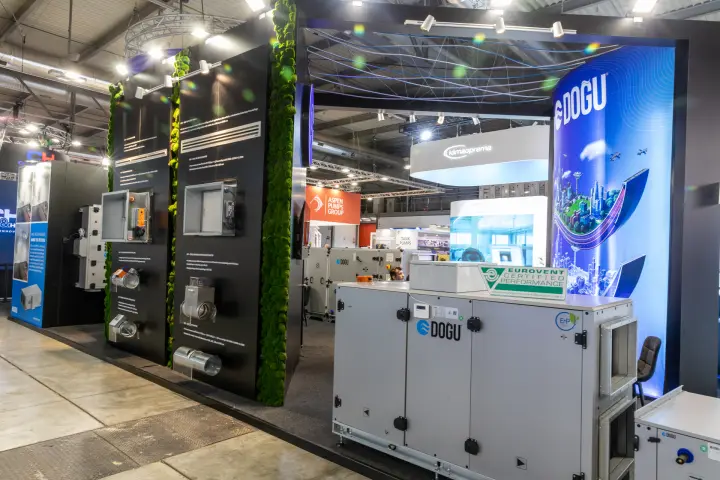 Doğu stand with a Eurovent-certified air handling unit and duct components at MCE 2026