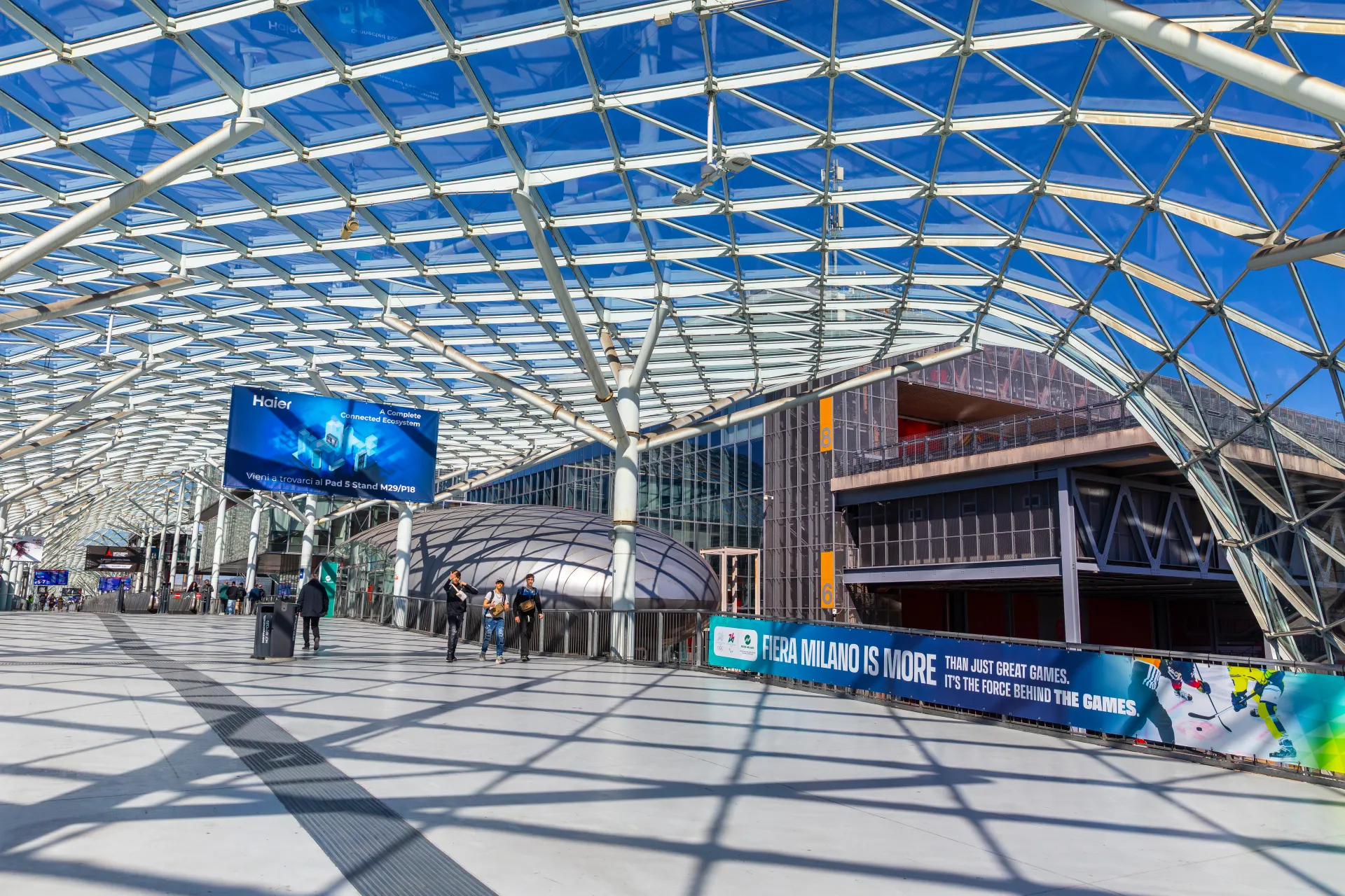 Domed pavilion and 'Fiera Milano is More' banner under the canopy at MCE 2026