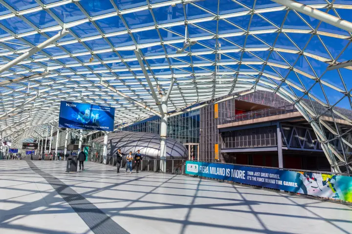 Domed pavilion and 'Fiera Milano is More' banner under the canopy at MCE 2026
