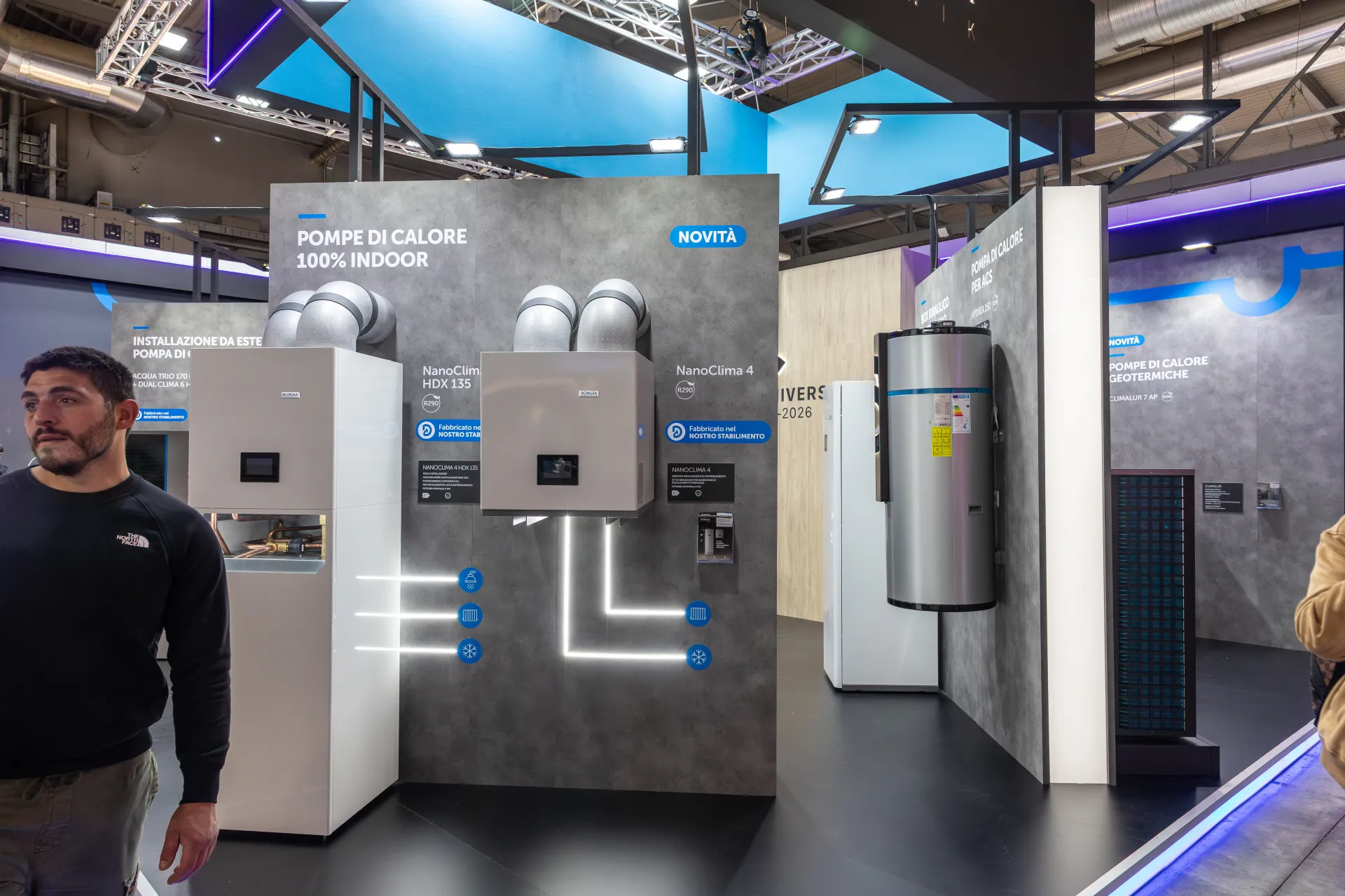 Domusa Teknik NanoClima indoor heat pumps on a grey display wall at MCE 2026