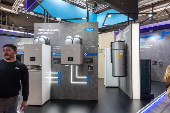 Domusa Teknik NanoClima indoor heat pumps on a grey display wall at MCE 2026