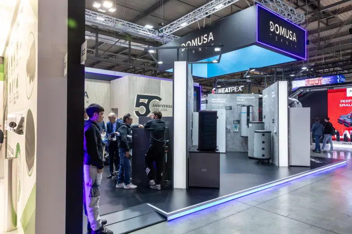 Domusa Teknik stand marking its 1976-2026 anniversary with heat pumps at MCE 2026