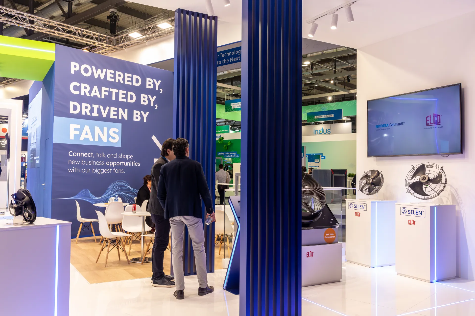 'Driven by Fans' meeting corner and ELCO Silen axial fans on lit plinths at MCE 2026