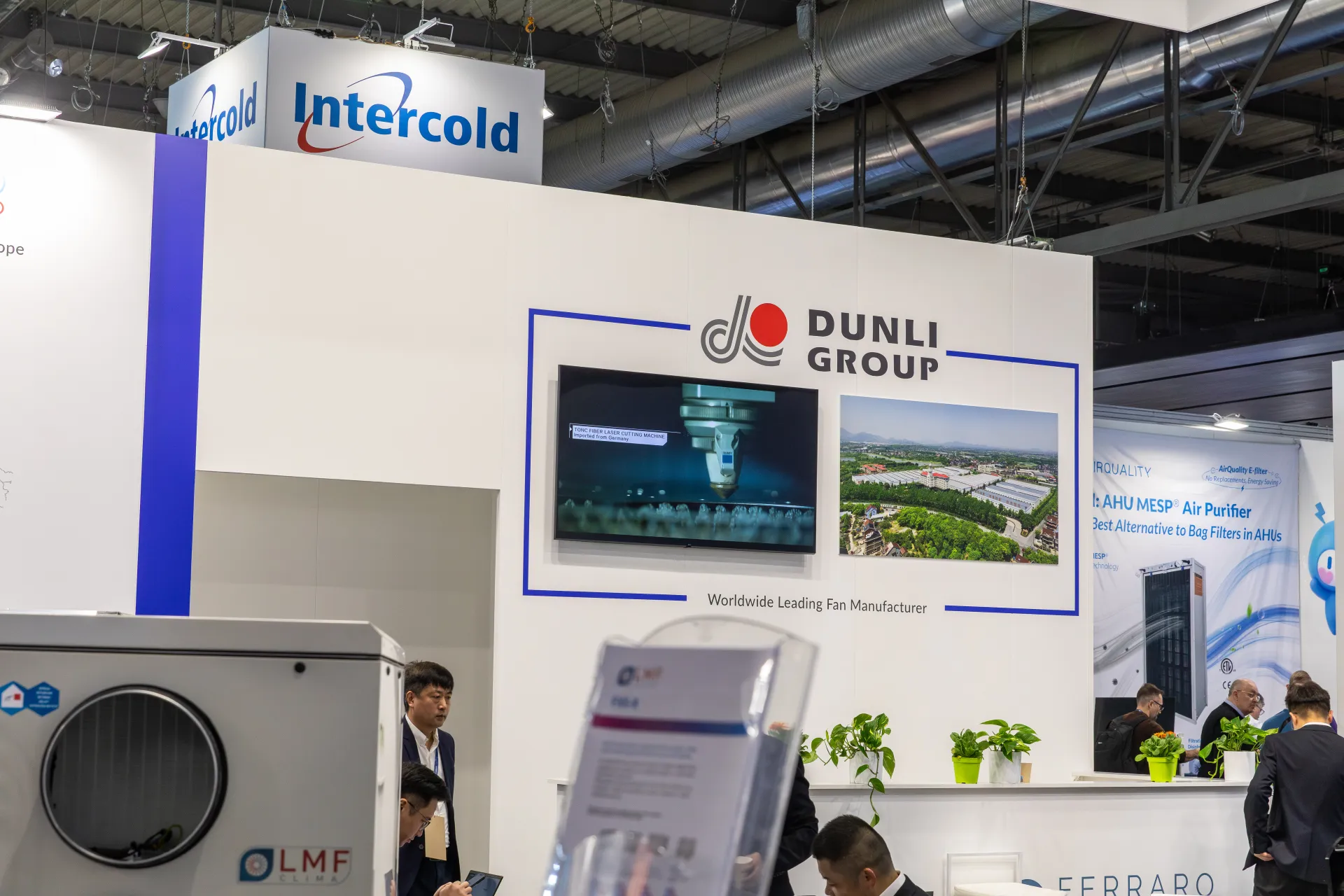 Dunli Group wall with factory video and "Worldwide Leading Fan Manufacturer" at MCE 2026