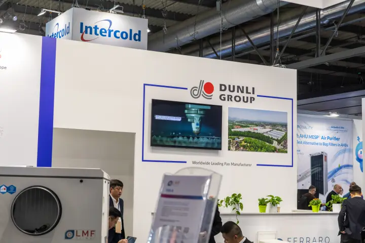 Dunli Group wall with factory video and "Worldwide Leading Fan Manufacturer" at MCE 2026