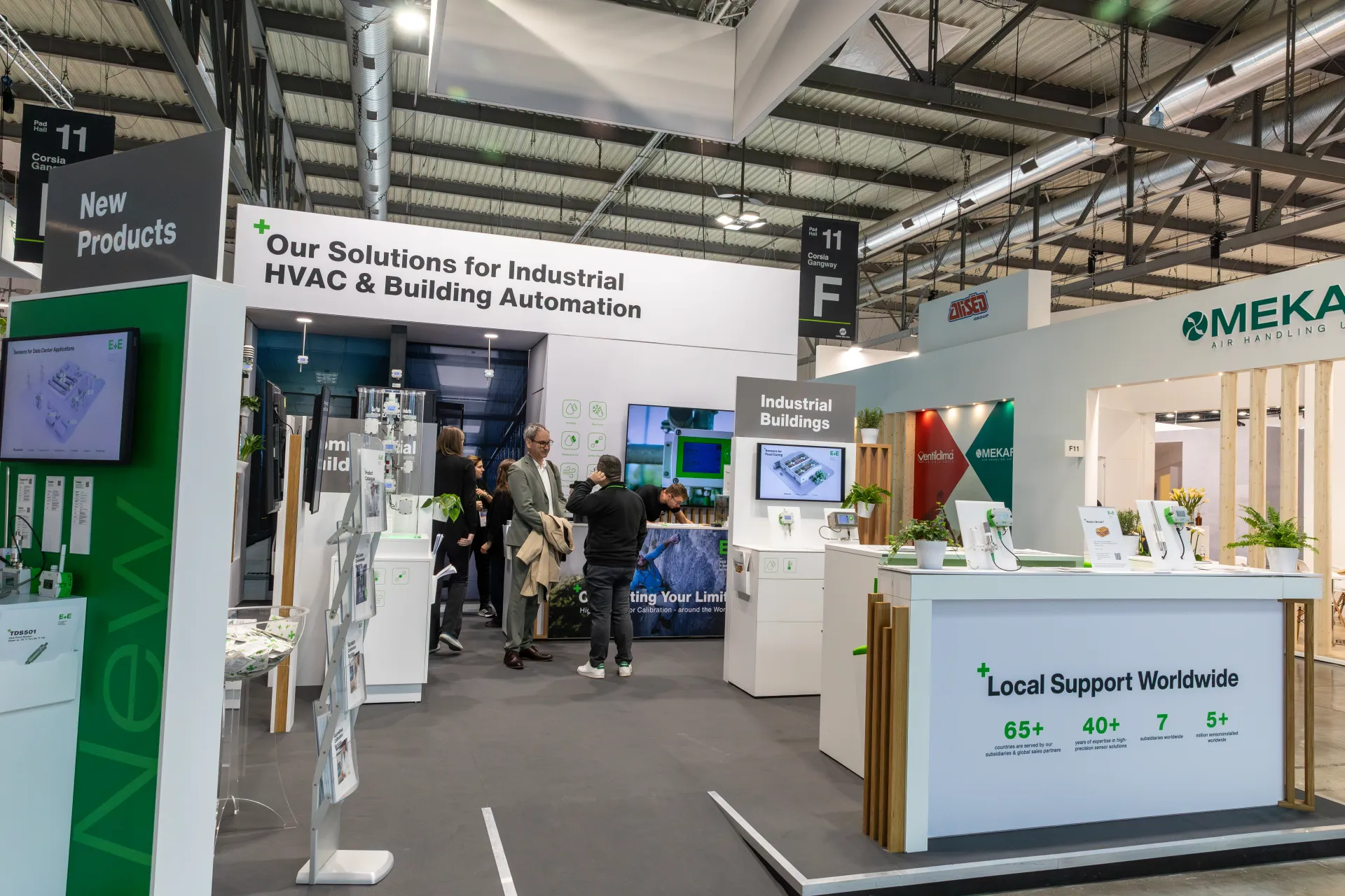E+E stand entrance with New Products wall and sensor counters at MCE 2026