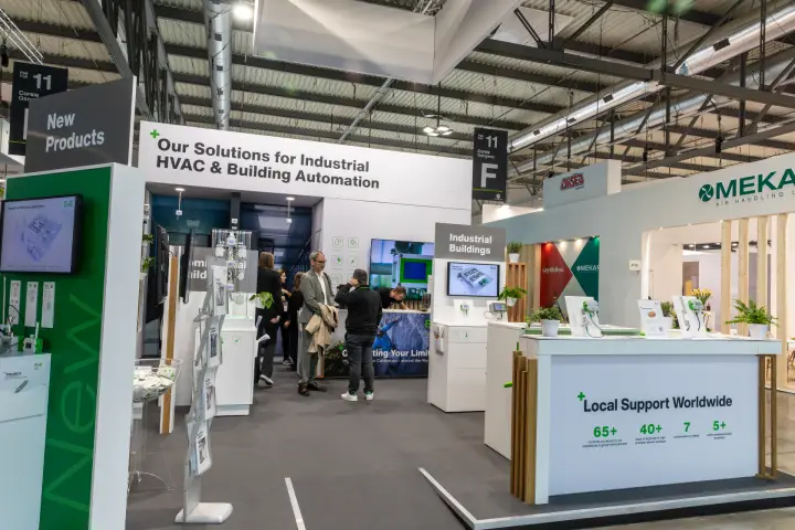 E+E stand entrance with New Products wall and sensor counters at MCE 2026