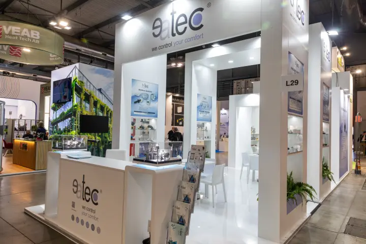 Eatec stand L29 with sensor showcases and white portal walls at MCE 2026