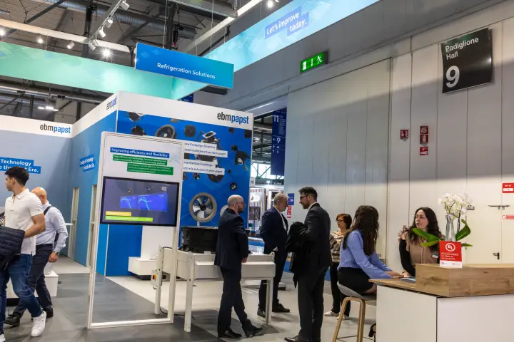ebm-papst Refrigeration Solutions area with EC fan efficiency display at MCE 2026