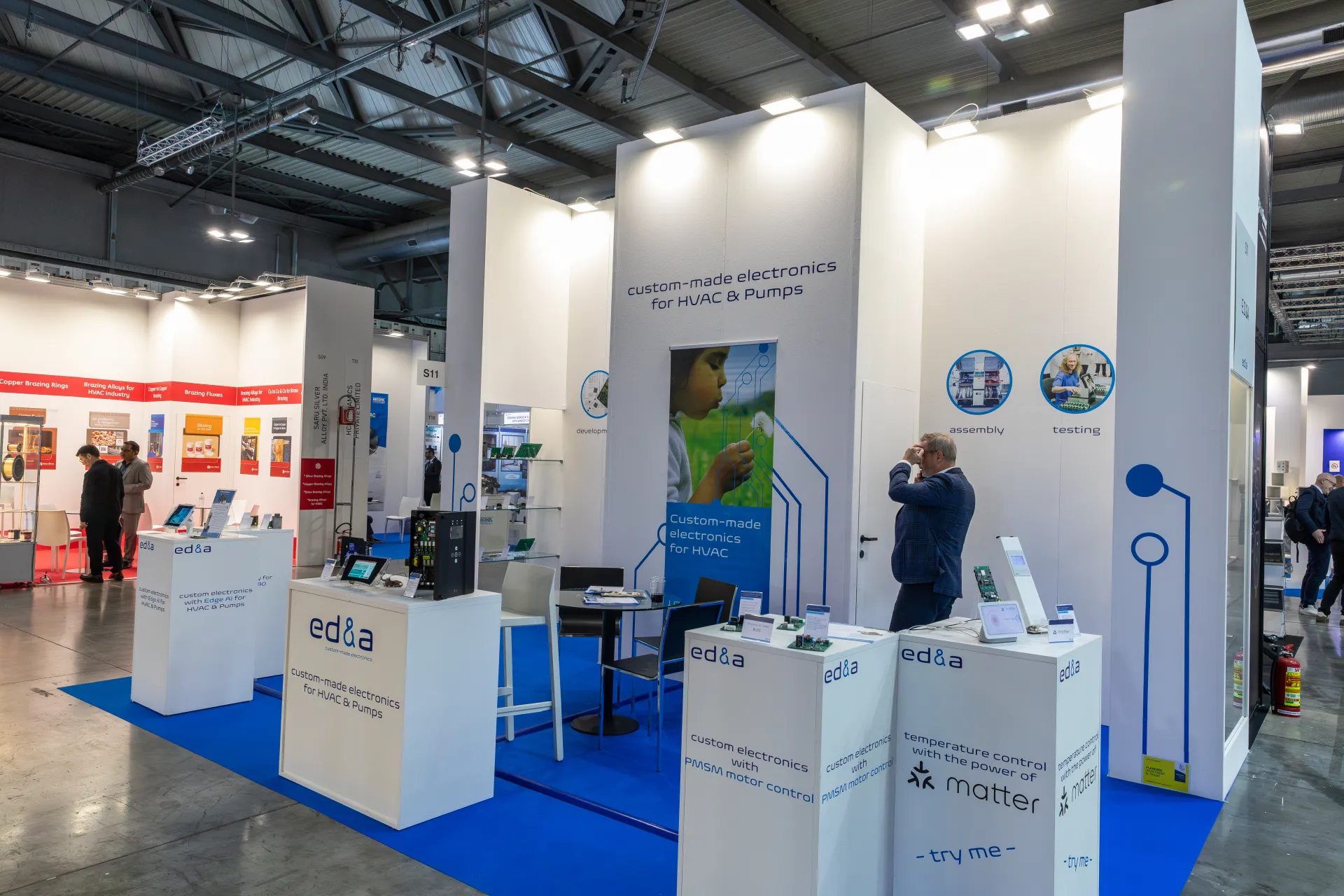 ed&a stand with custom electronics for HVAC and pumps on white plinths at MCE 2026
