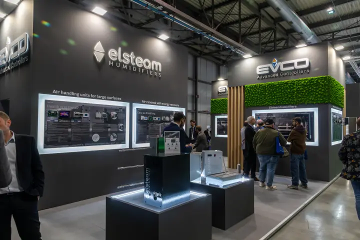 Elsteam humidifiers on lit plinths at the EVCO stand at MCE 2026