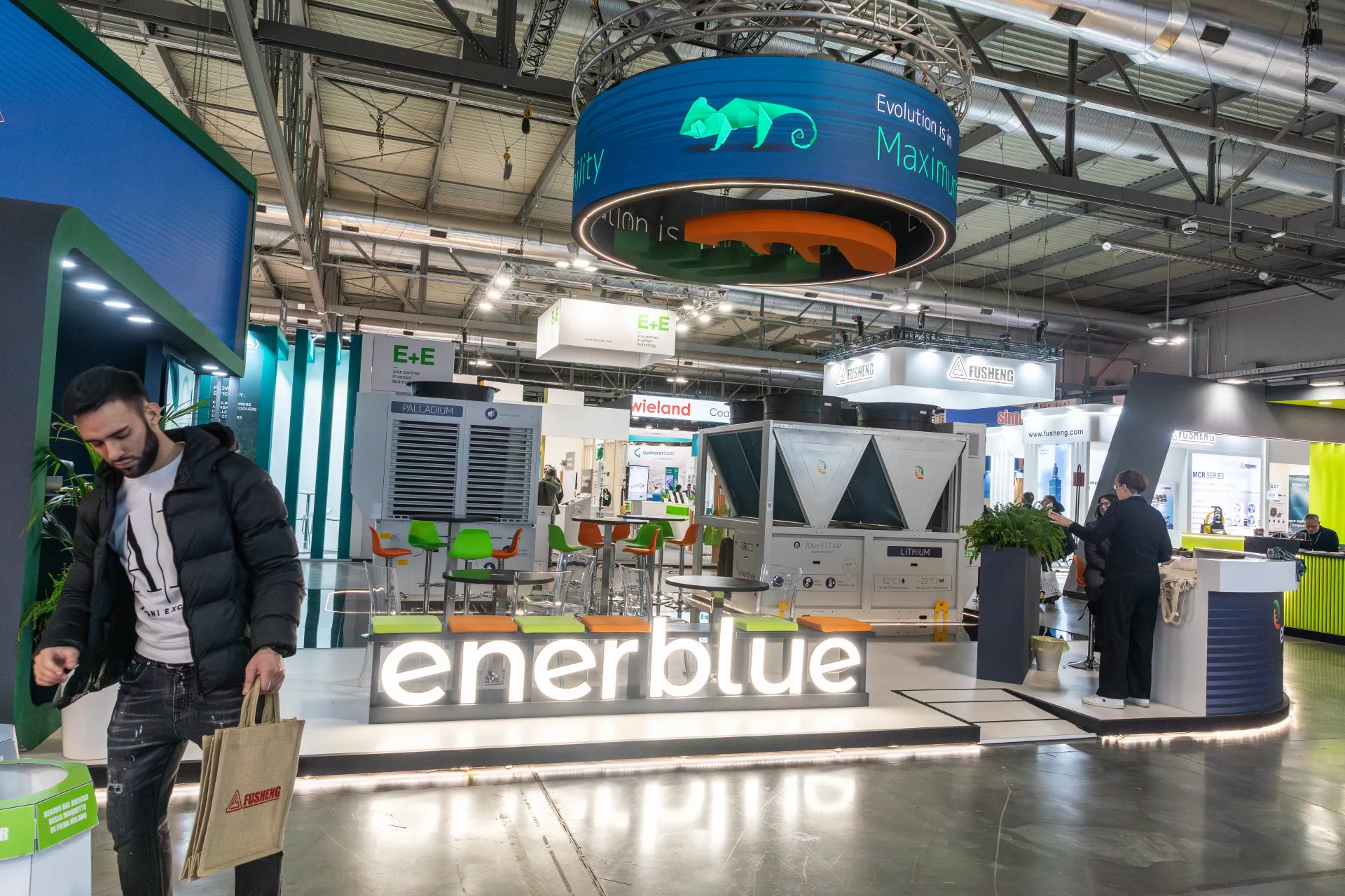 Enerblue illuminated lettering with Palladium and Lithium units behind at MCE 2026