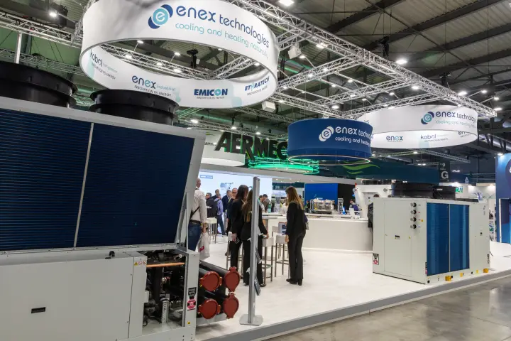 Enex Technologies stand with air-cooled chillers and heat pumps at MCE 2026