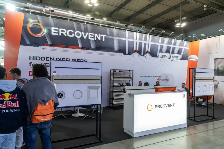 Ergovent stand showing hidden ventilation diffusers on steel display frames at MCE 2026