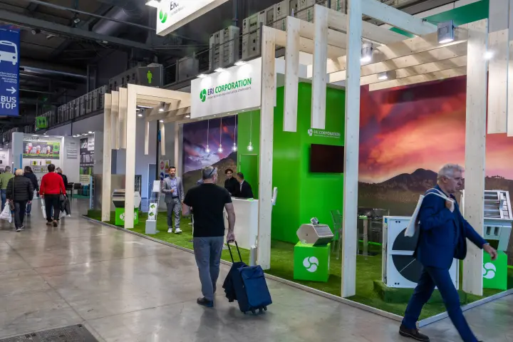 ERI Corporation stand with timber frame, green walls and heat exchangers