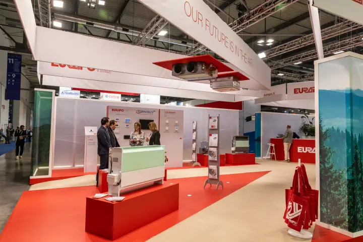 Eurapo stand with suspended ceiling units under the 'Our Future Is in the Air' banner at MCE 2026