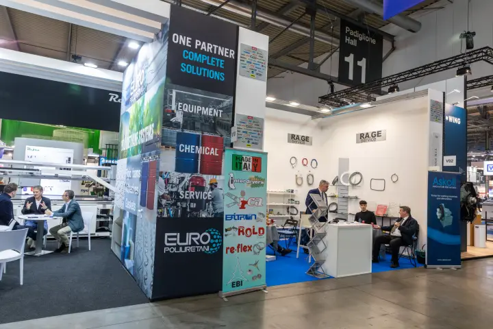 Euro Poliuretani corner and RA.GE Service stand in Hall 11 at MCE 2026