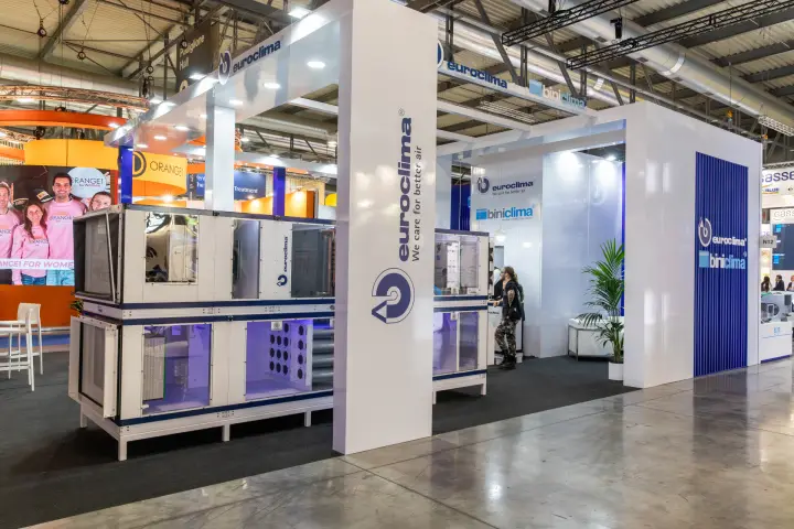 Euroclima stand with a two-level air handling unit behind glazed panels at MCE 2026