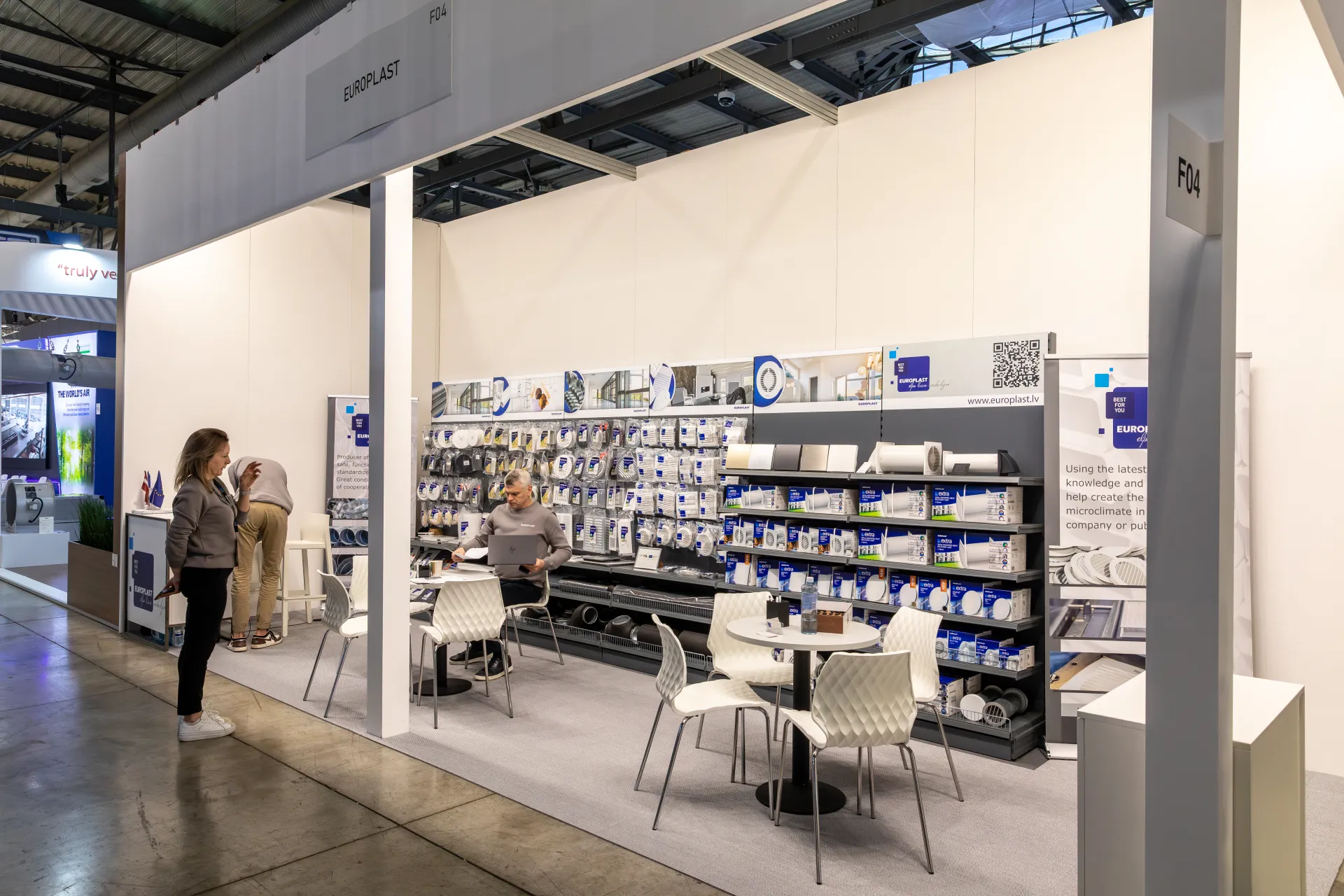 Europlast stand with ventilation grilles, extract fans and duct parts on shelving at MCE 2026