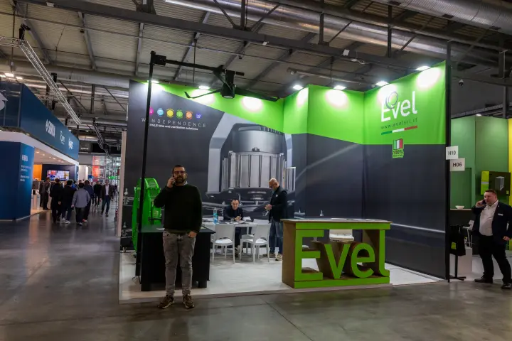 Evel stand presenting HVLS fans and ventilation solutions at MCE 2026
