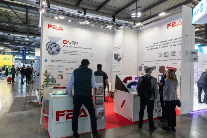 F2A stand presenting e-VAV dampers and si-mo air quality monitoring at MCE 2026