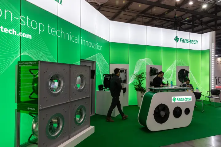 Fans-tech fan wall modules beside the green 'Non-stop technical innovation' wall at MCE 2026