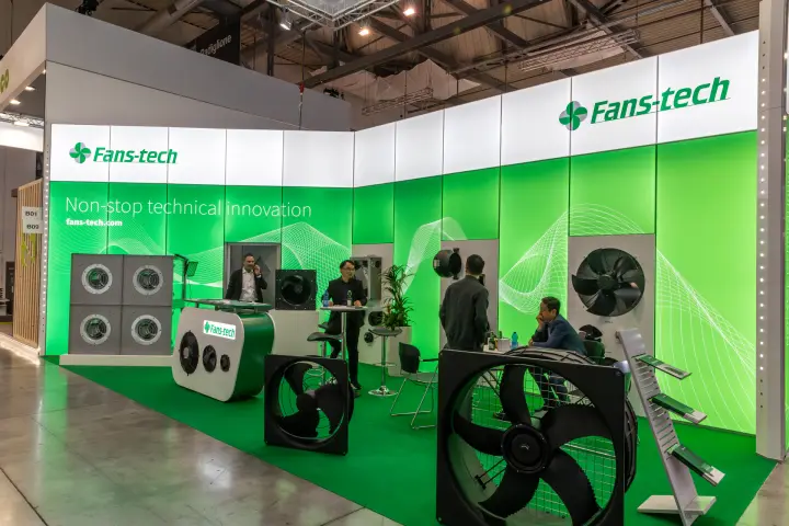 Fans-tech stand with large axial fans on a green carpeted floor at MCE 2026