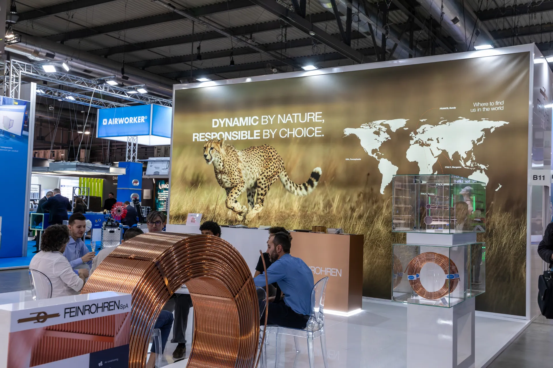 Feinrohren copper tube coil in front of the cheetah graphic wall at MCE 2026