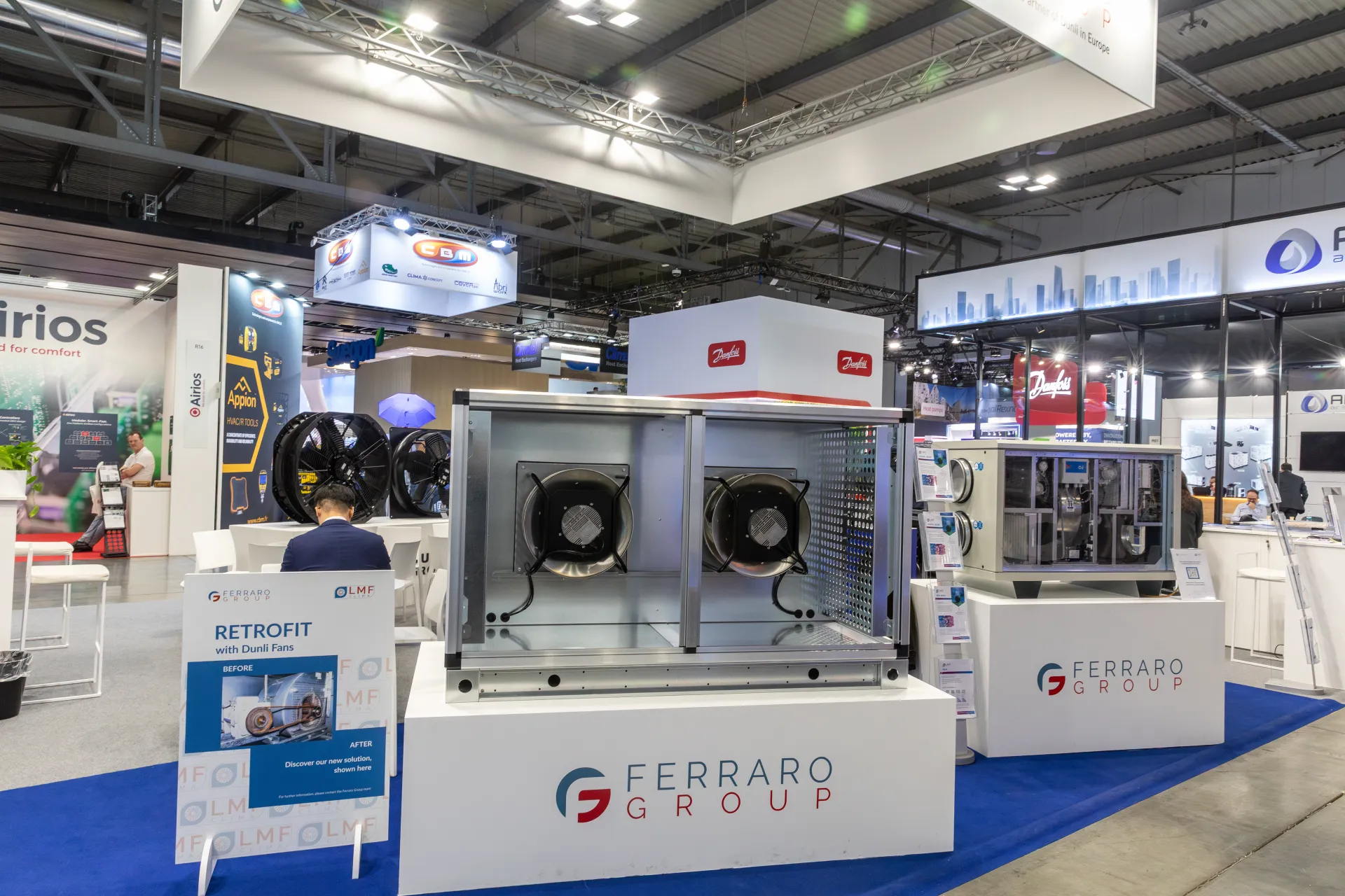 Ferraro Group retrofit display with plug fans in an open AHU section at MCE 2026